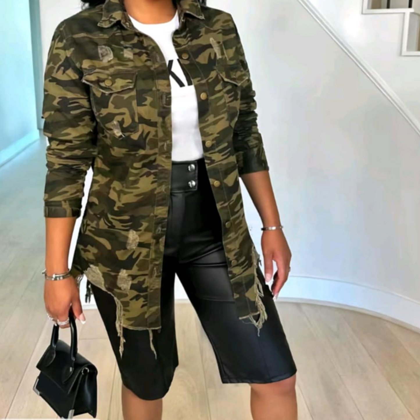 Denim Camo Print Ripped Jacket