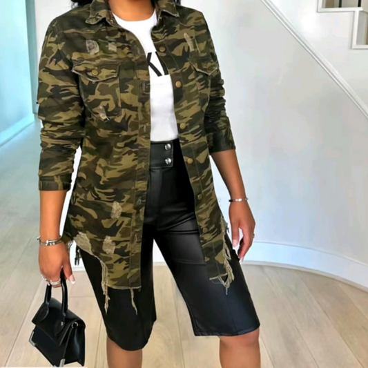 Denim Camo Print Ripped Jacket