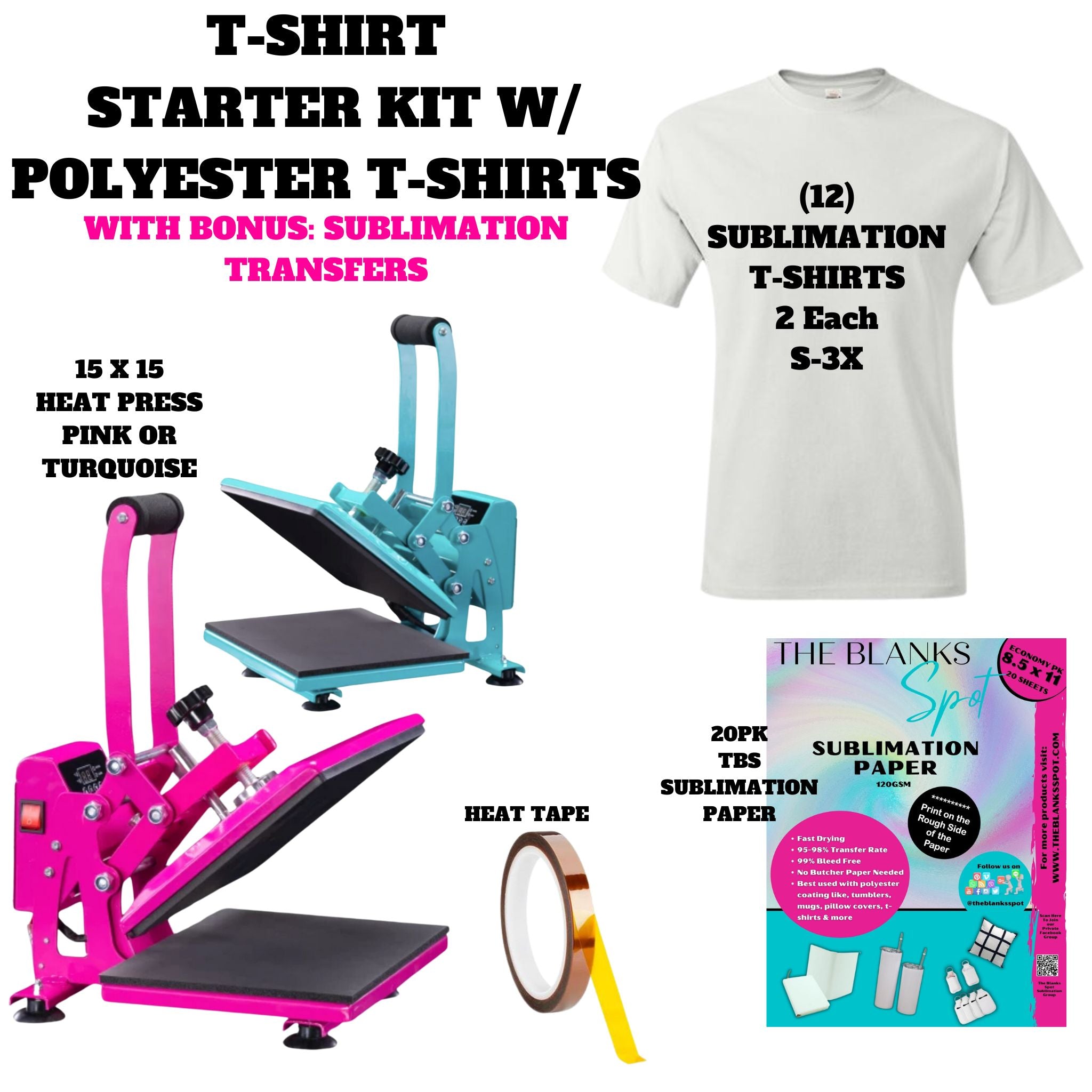 Heat Press Starter Kit w/ POLYESTER T-SHIRTS – The Blanks Spot T-shirt printing machine starter kit