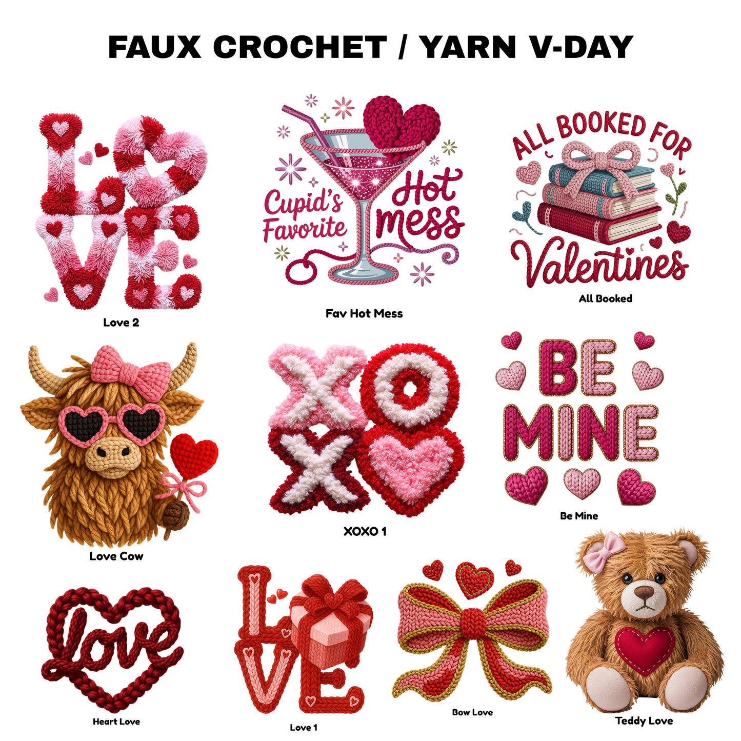 V-Day Faux Crochet/Yarn Sublimation Transfers (Singles)