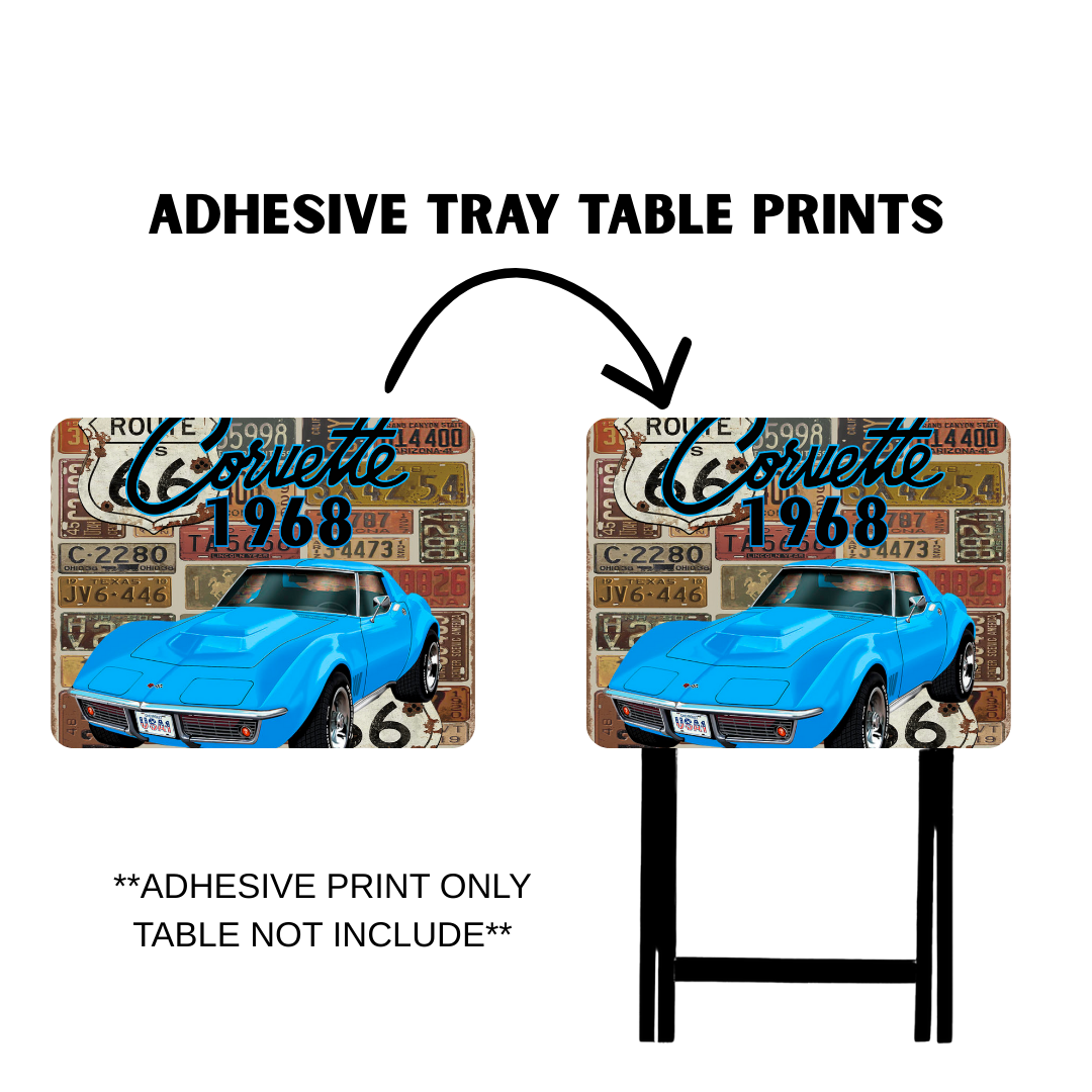 PRE-MADE ADHESIVE TRAY TABLE PRINTS (20" X 15.25") -VINTAGE CARS